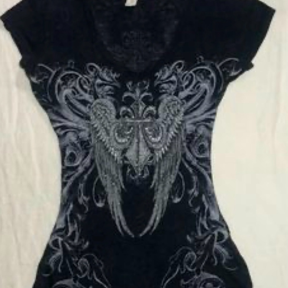Miss Me Black Top with Silver Angel Wings Design